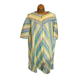 Vintage 60s Quilted Housecoat Robe Pajamas Coat Pastel Striped Leisurewear